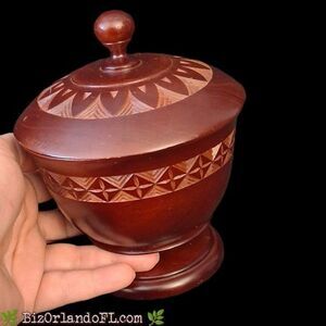VINTAGE: Handcrafted Wood Lidded Bowl Intricate Hand Carved Ornamental Bands